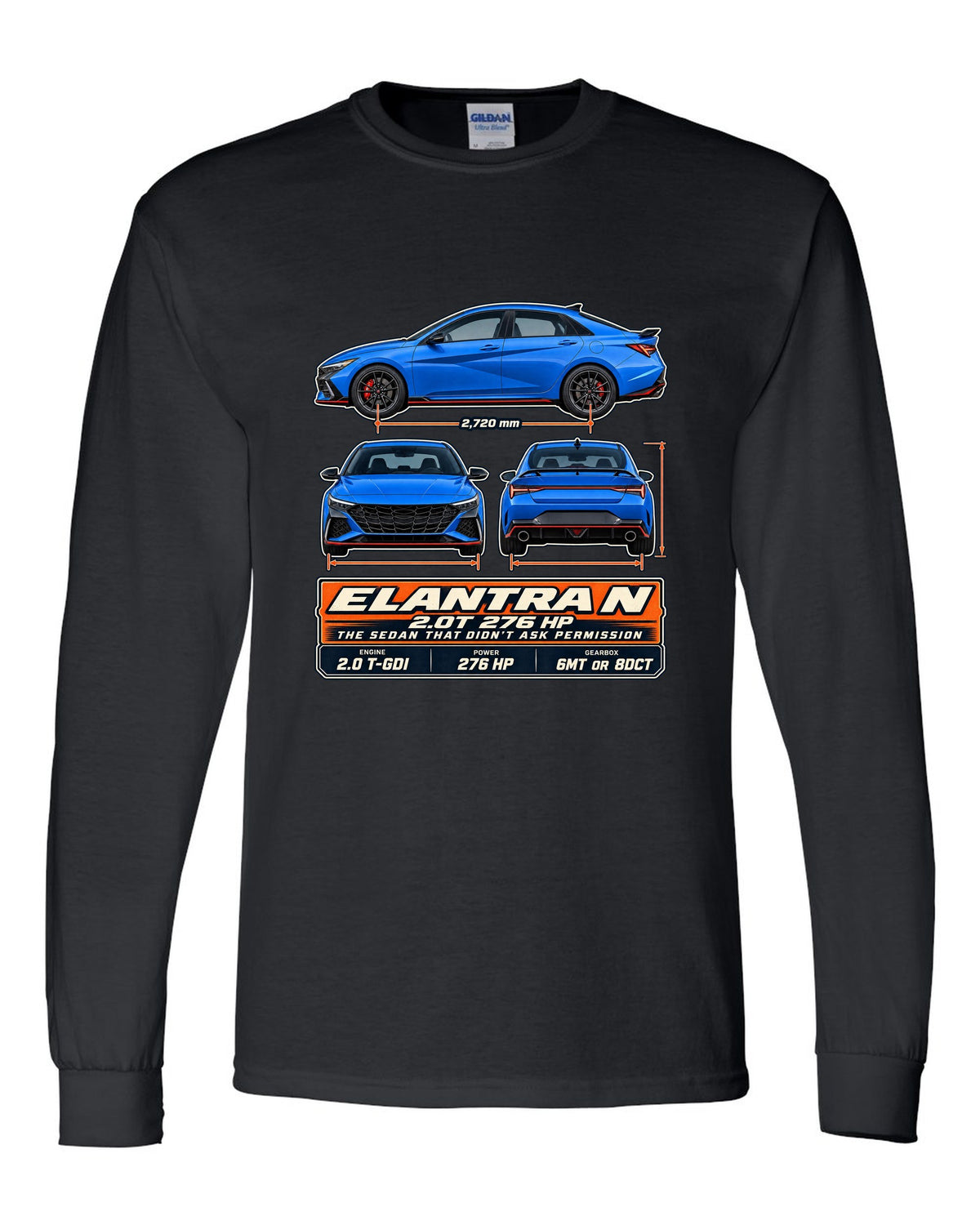 Hyundai Elantra N CN7 three-view drawing with spec table, print black long sleeve front view with the design