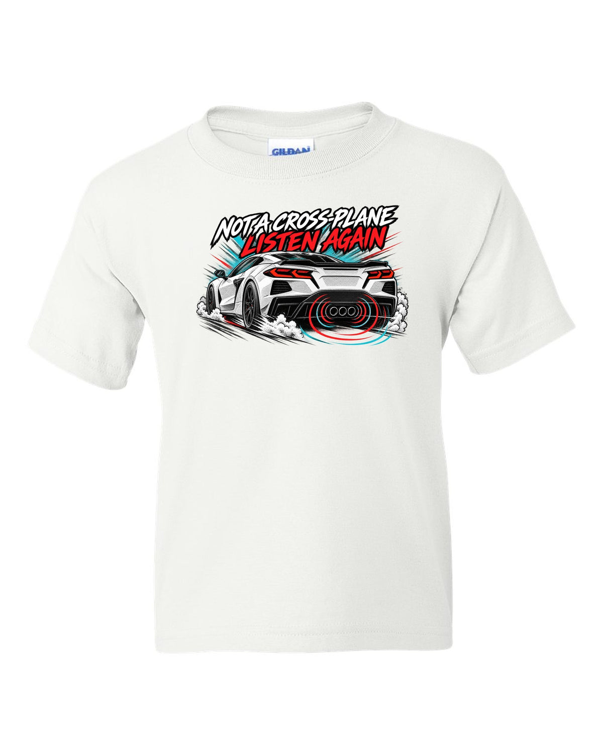 Badge crest design of a 2025 C8 Corvette ZR1 with large fender vents and rear wing white kids tee front view with the design