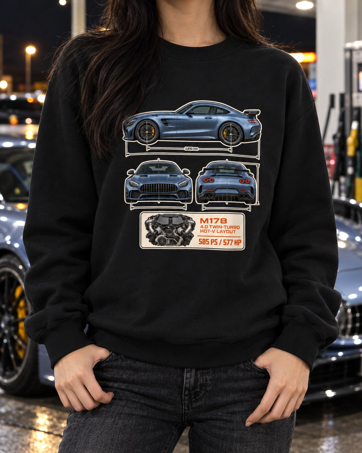 Mercedes-AMG GT R C190 Dimension Blueprint Shirt, M178 V8 Crewneck Black worn hero
