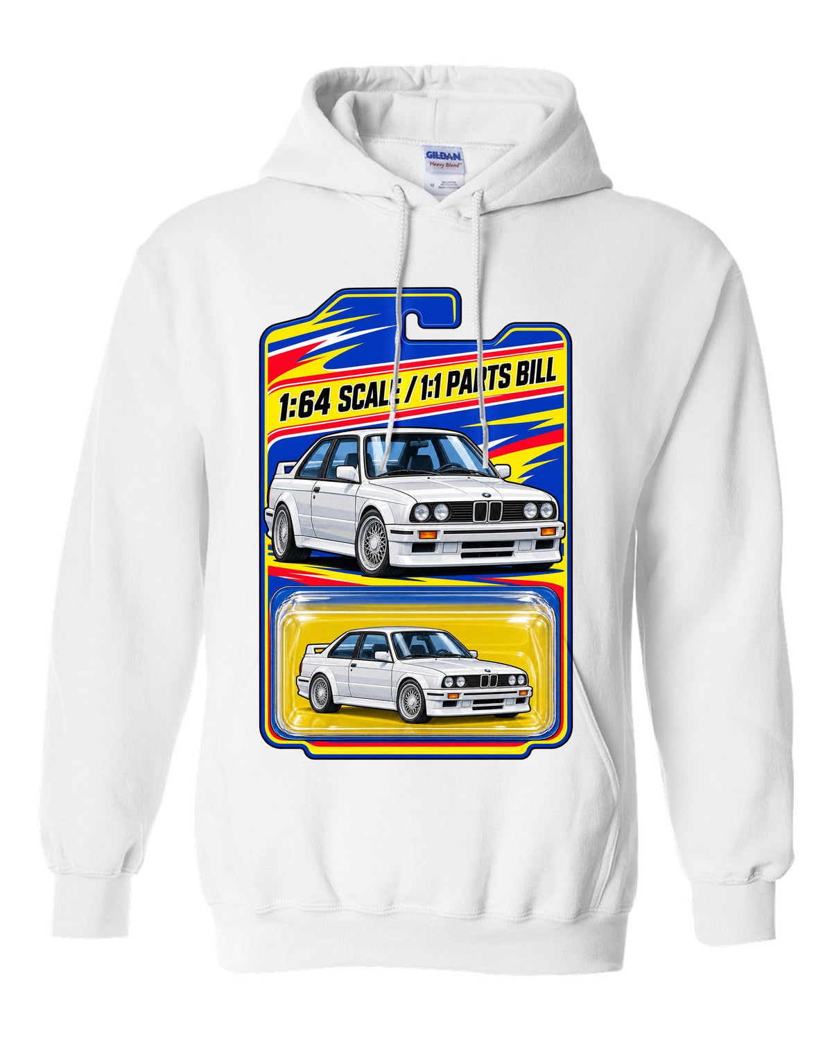 Vaporwave pastel print of a BMW E30 M3 slicktop with roof leaks not included text white pull over hoodie front view with the design
