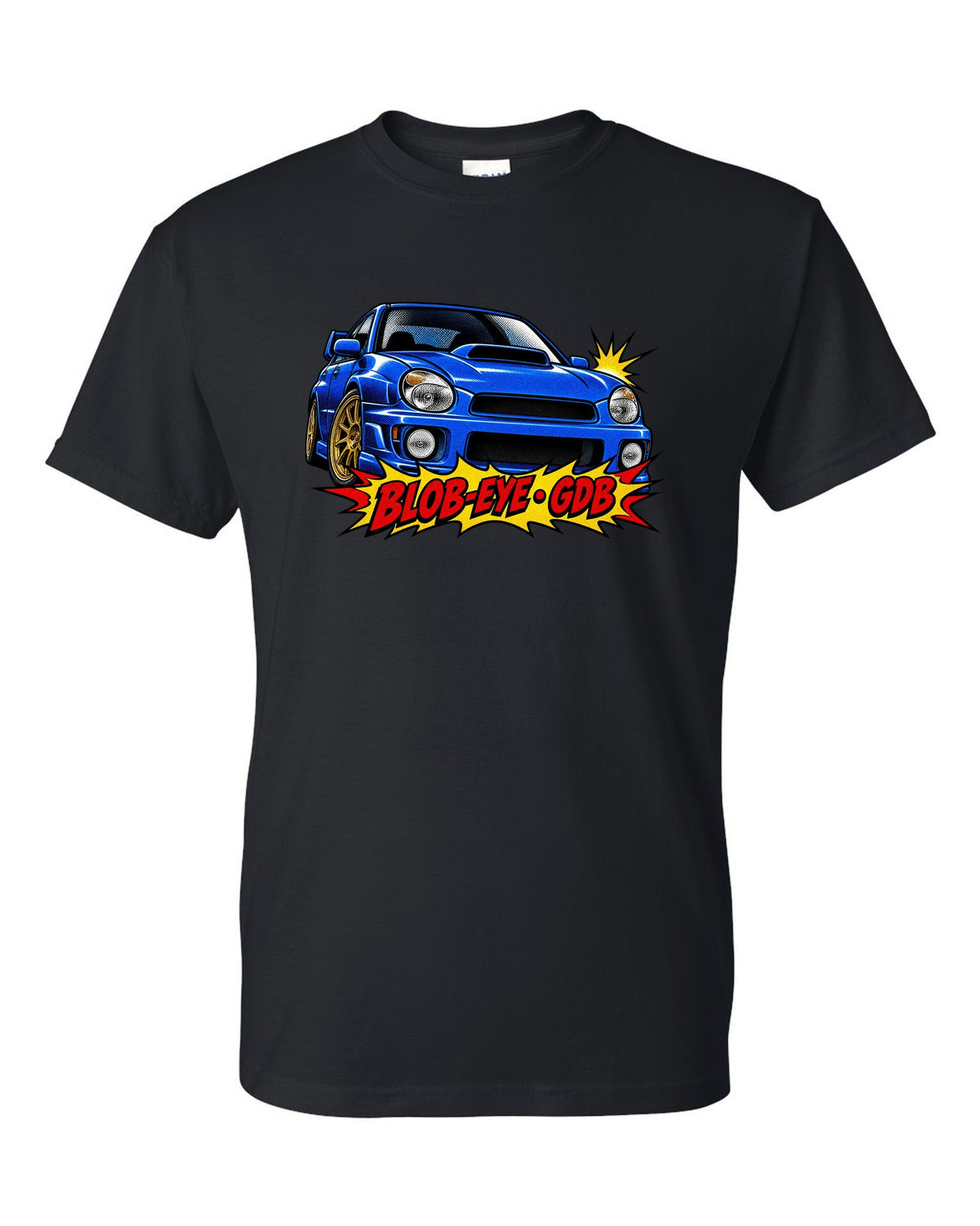 Halftone pop-art print of a Subaru Impreza WRX STI GDB with blob-eye GDB lettering black t-shirt front view with the design