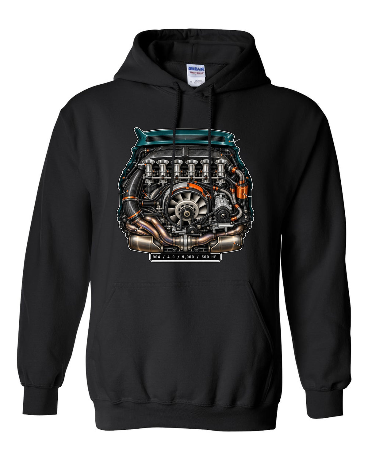 Porsche 911 SC 3.0 embroidery-style crest design reading head stud roulette black pull over hoodie front view with the design