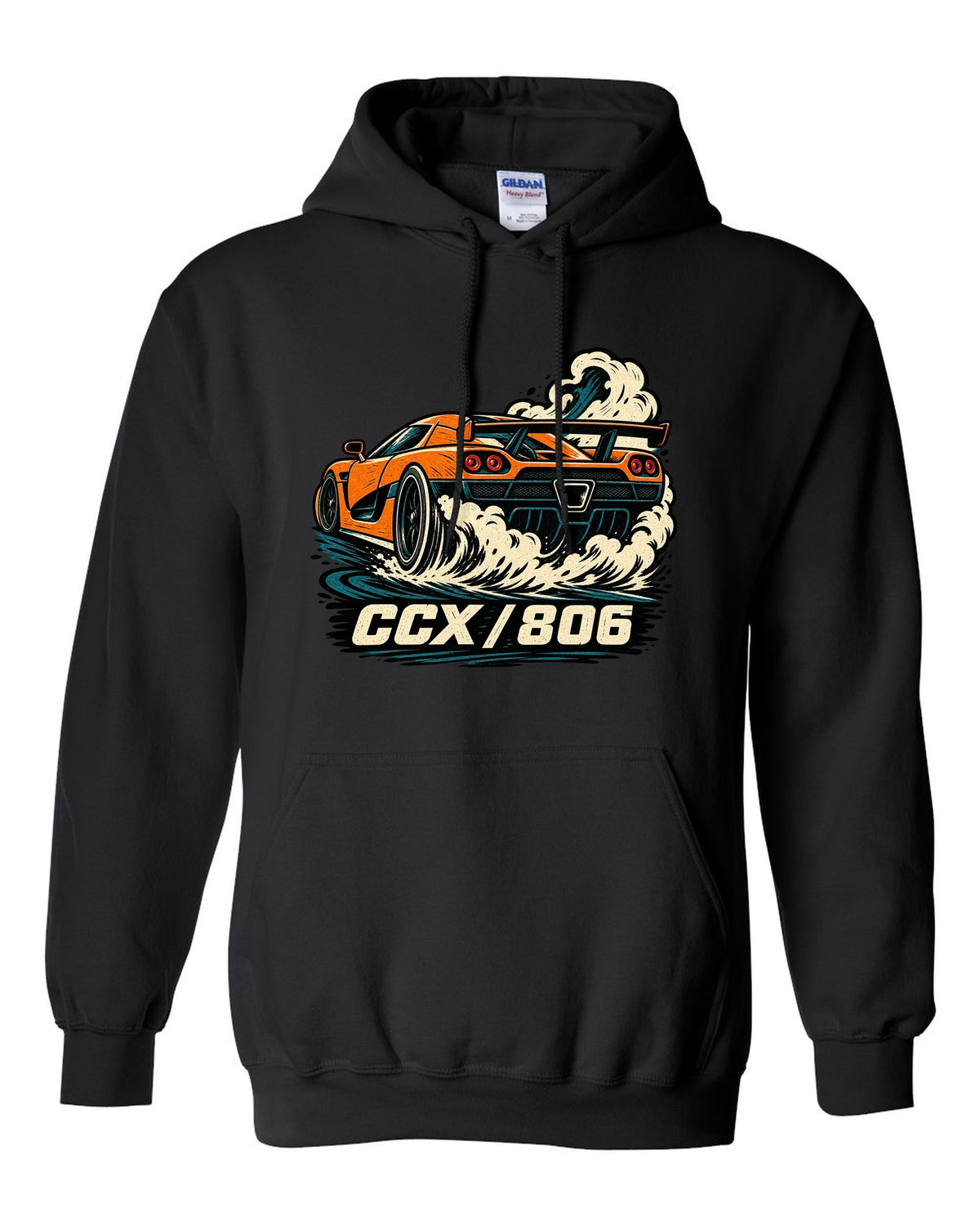 Linocut style illustration of a Koenigsegg CCX doing a burnout with CCX 806 lettering black pull over hoodie front view with the design
