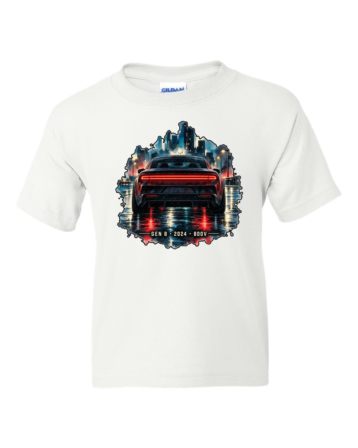 Watercolour night scene of a 2024 Dodge Charger Daytona EV on a wet road with Gen 8 lettering white kids tee front view with the design
