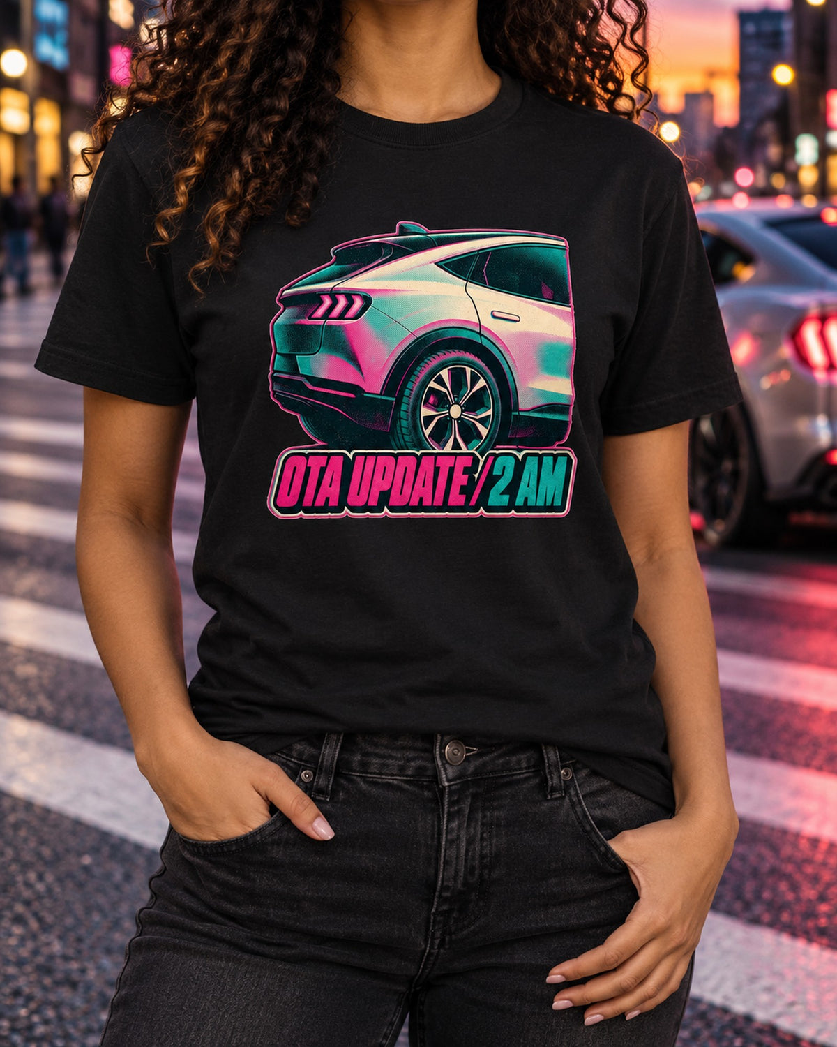 2020 Mustang Mach-E CX727 Riso Wheel Print Shirt, OTA Update 2 AM T-Shirt Black worn hero
