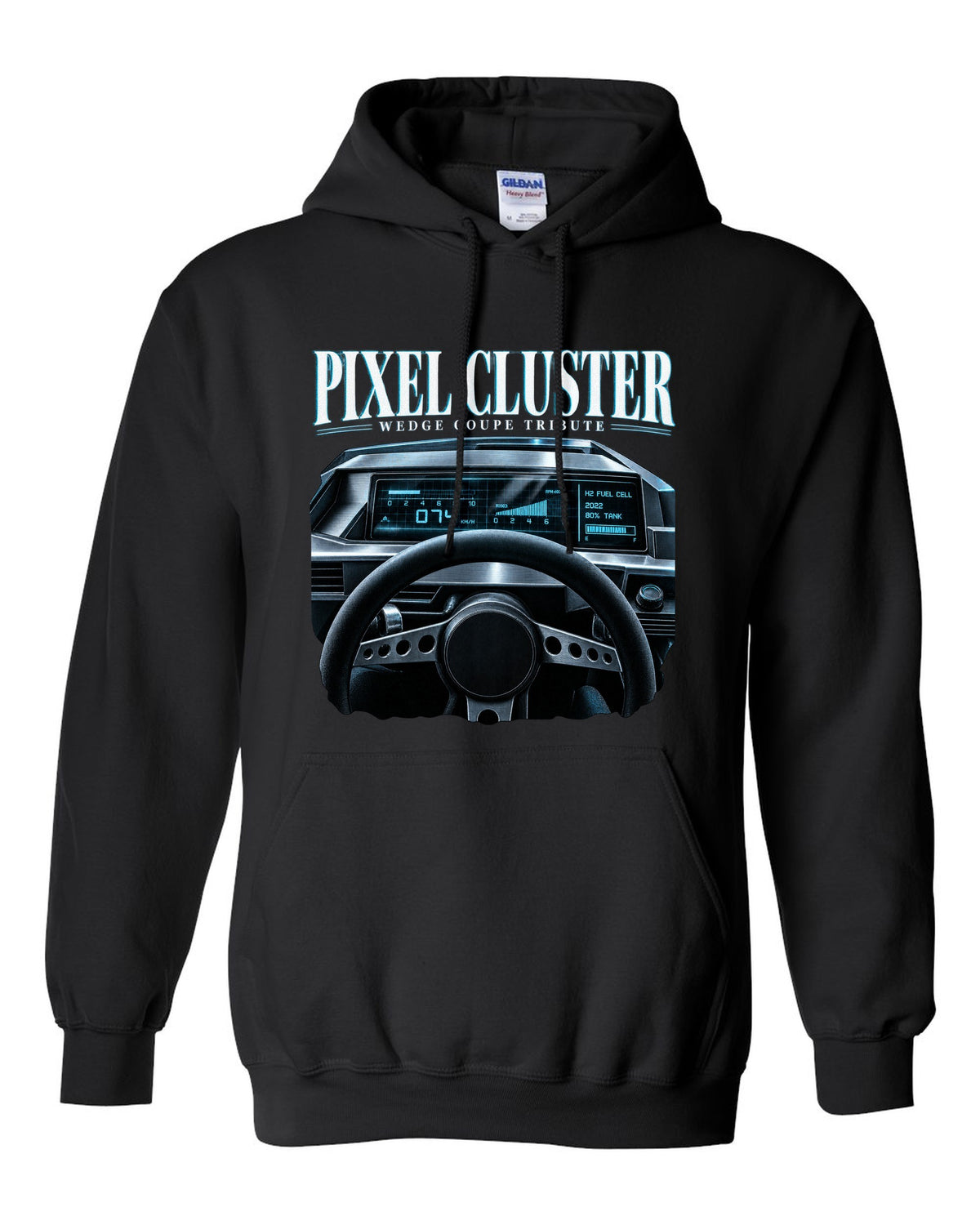 Hyundai N Vision 74 cockpit gauge print with pixel cluster and fuel cell readout black pull over hoodie front view with the design