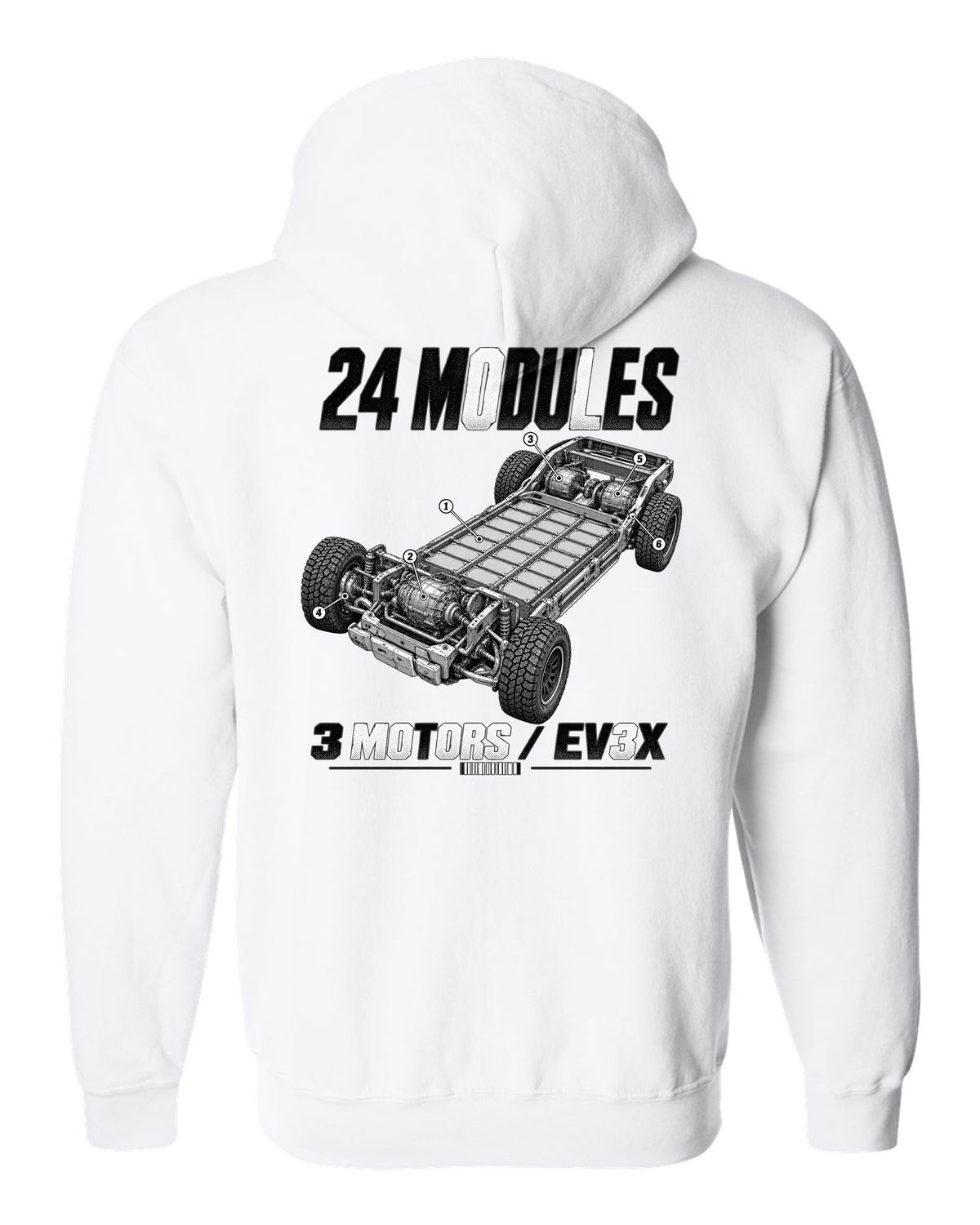Cutaway of the GMC Hummer EV pickup battery pack and motors with labels white zip hoodie back view with the design