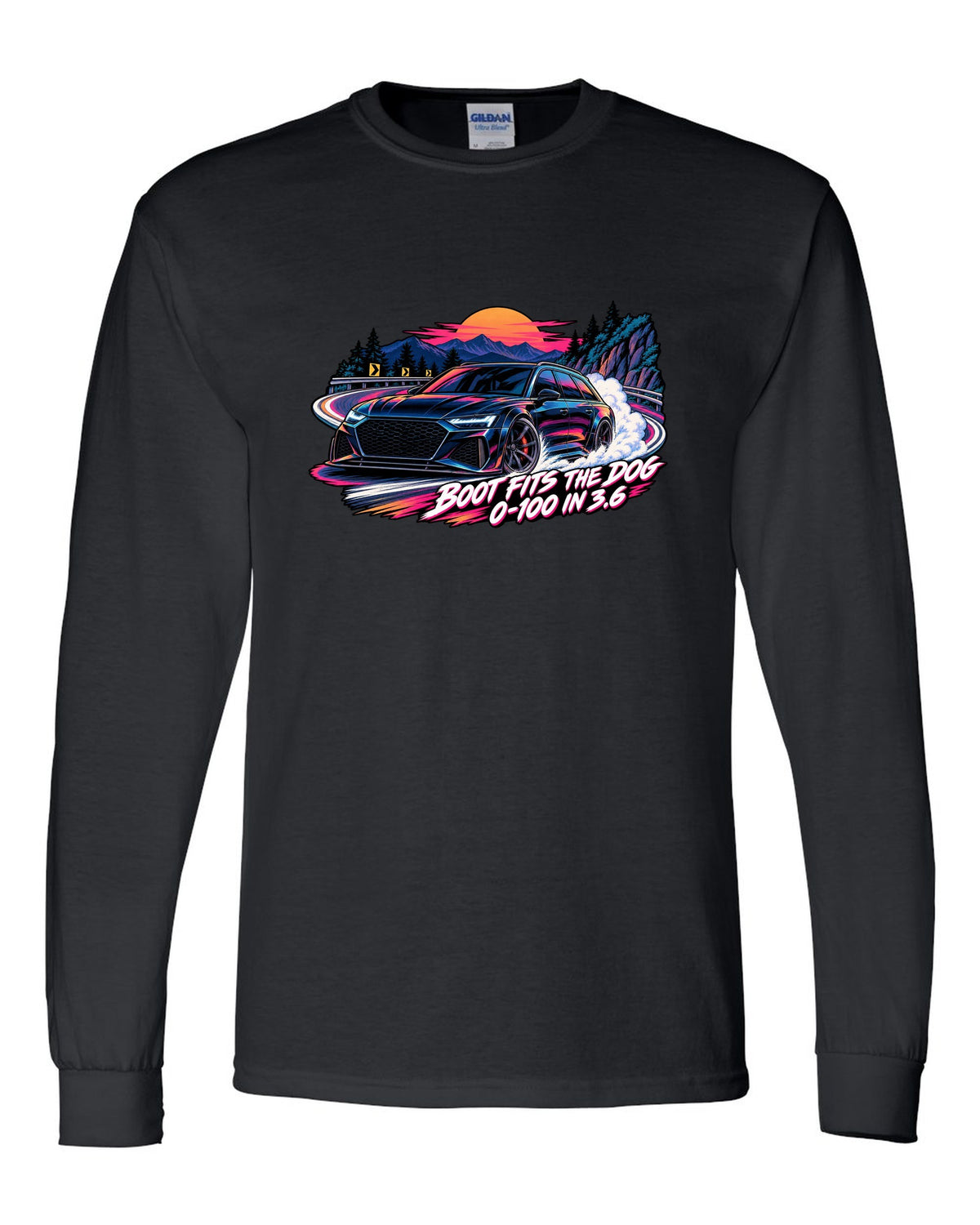 Cel-shaded anime night touge design of the Audi RS6 Avant C8 with boot fits the dog lettering black long sleeve front view with the design