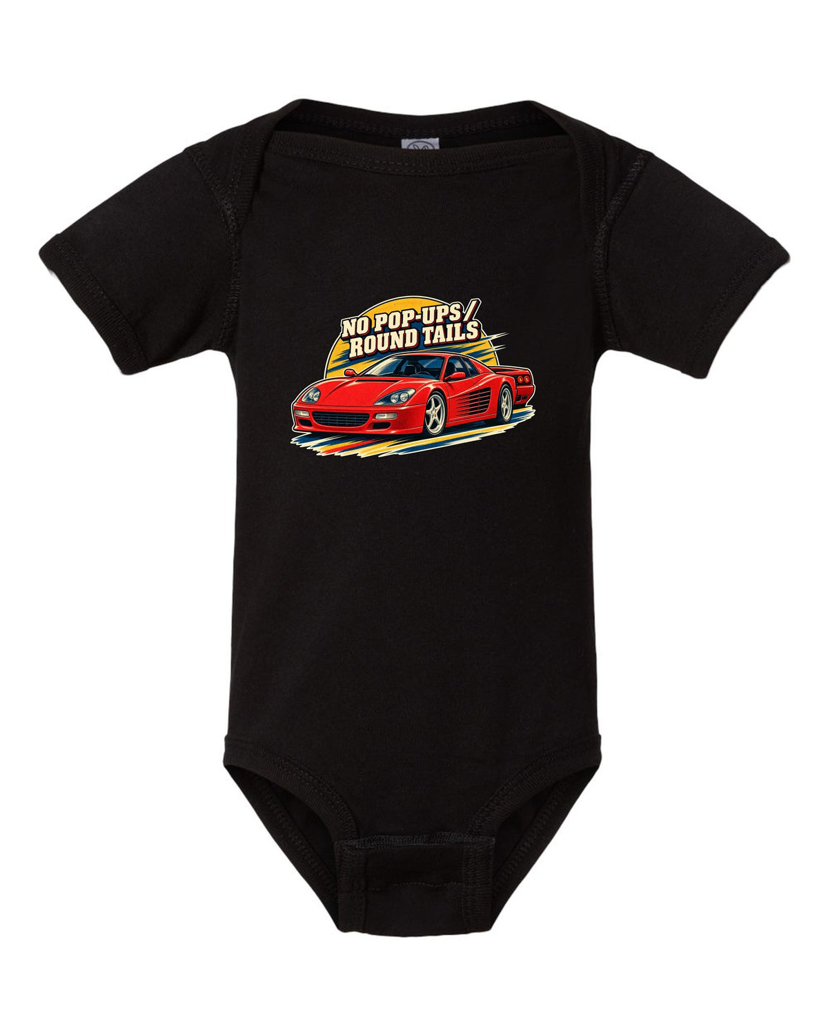 Retro race programme illustration print of the Ferrari F512 M with the text no pop-ups, round tails black baby onesie front view with the design