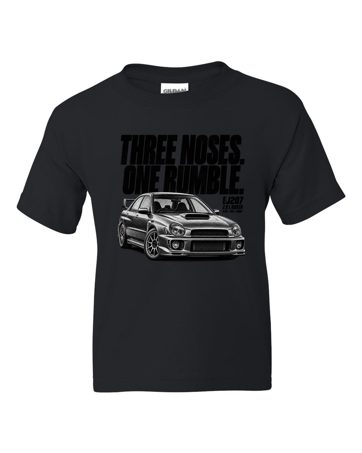 Halftone print of a Subaru Impreza WRX STi GDB with Blob Bug Hawk lettering black kids tee front view with the design