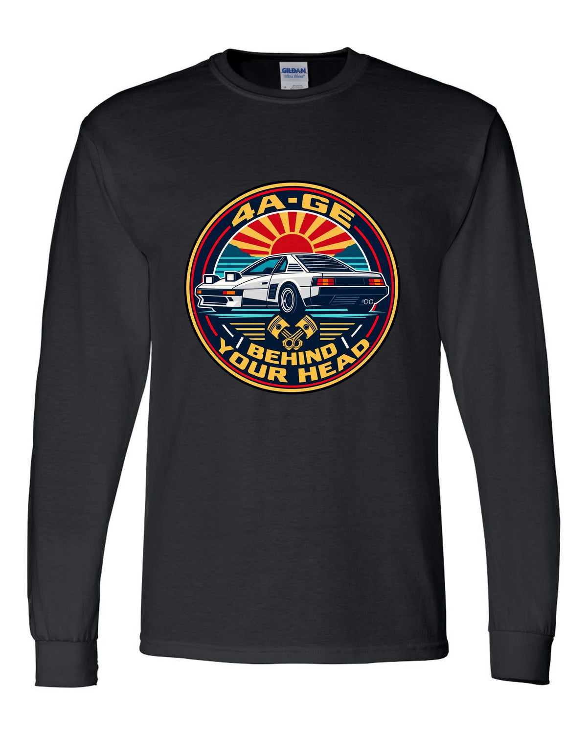 Round crest print of a Toyota MR2 AW11 with 4A-GE text black long sleeve front view with the design