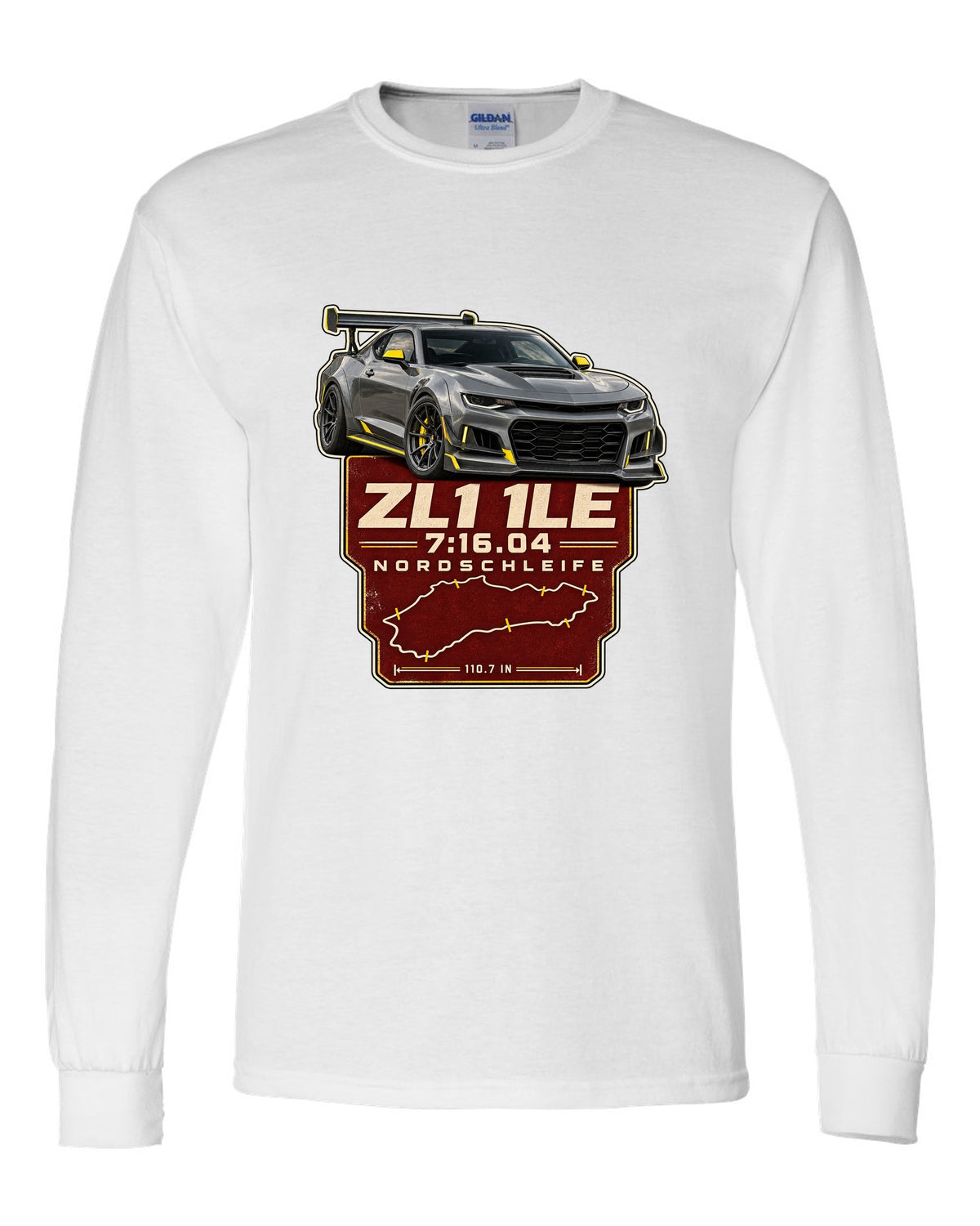 Lap time poster print of a Chevrolet Camaro ZL1 1LE white long sleeve front view with the design