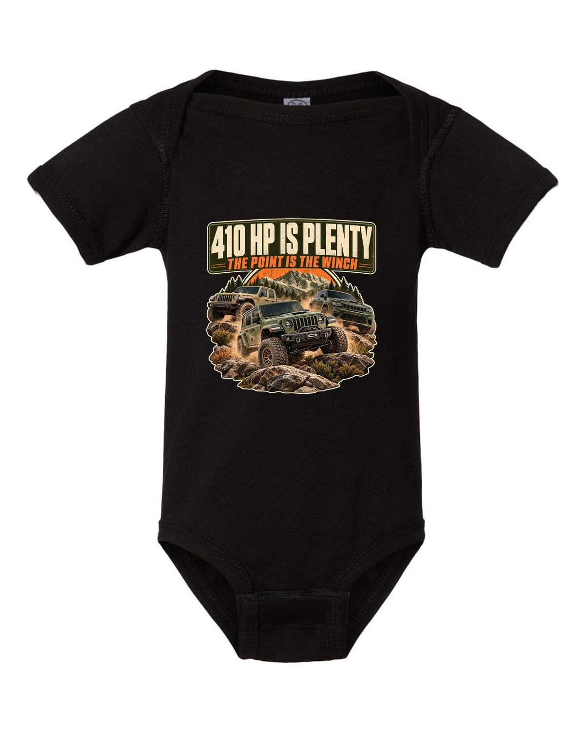 Editorial headline print for the Ram 2500 Power Wagon 6.4L V8 about horsepower and the winch black baby onesie front view with the design
