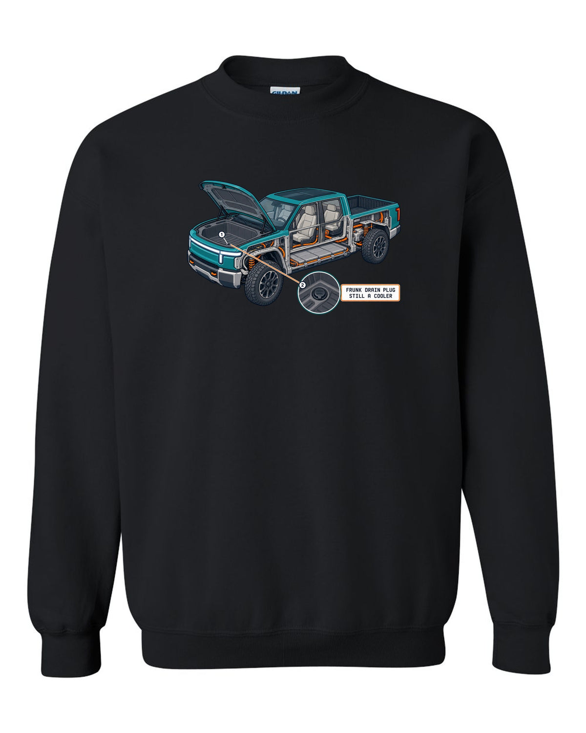 Ford F-150 Lightning isometric cutaway print showing the frunk drain plug black crewneck front view with the design