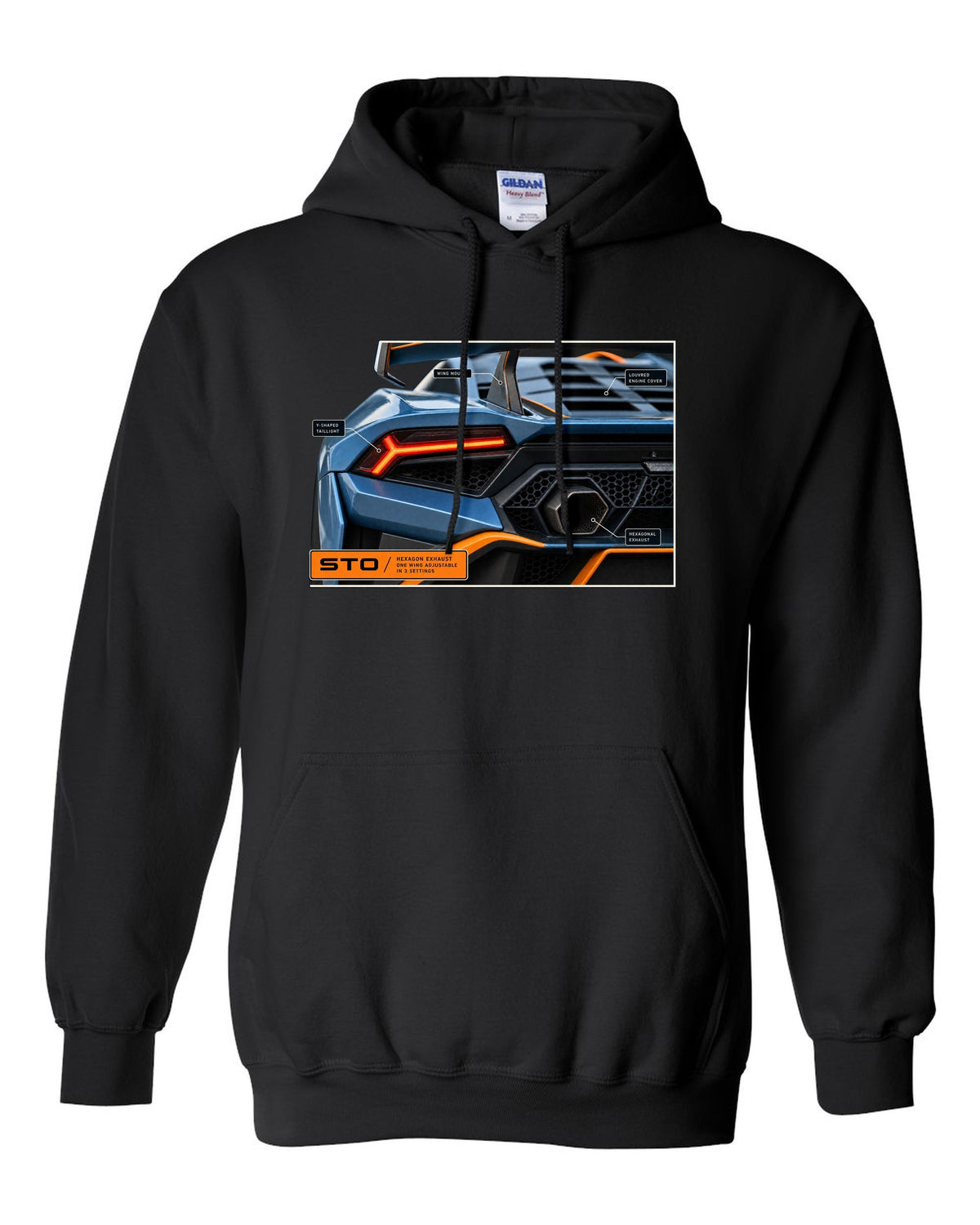 Taillight and hexagon exhaust macro print of the Lamborghini Huracan STO black pull over hoodie front view with the design
