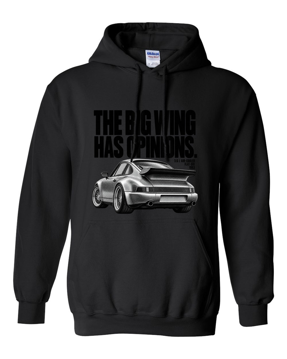 Halftone print of a Porsche 911 Turbo 3.6 964 with whale tail wing black pull over hoodie front view with the design