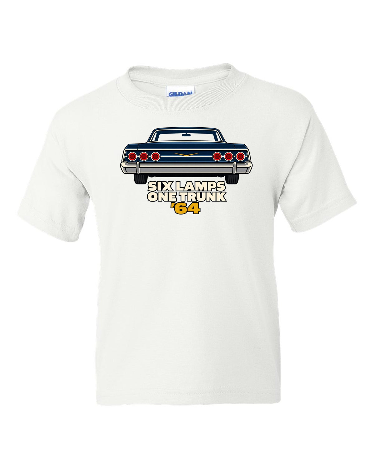 1964 Chevrolet Impala rear in minimal geometric vector style with text Six Lamps One Trunk '64 white kids tee front view with the design
