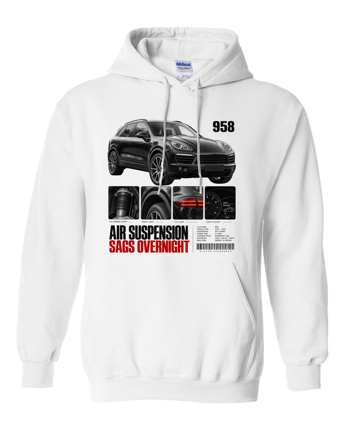 Dossier panel print of a Porsche Cayenne 958 with air suspension sags overnight caption white pull over hoodie front view with the design