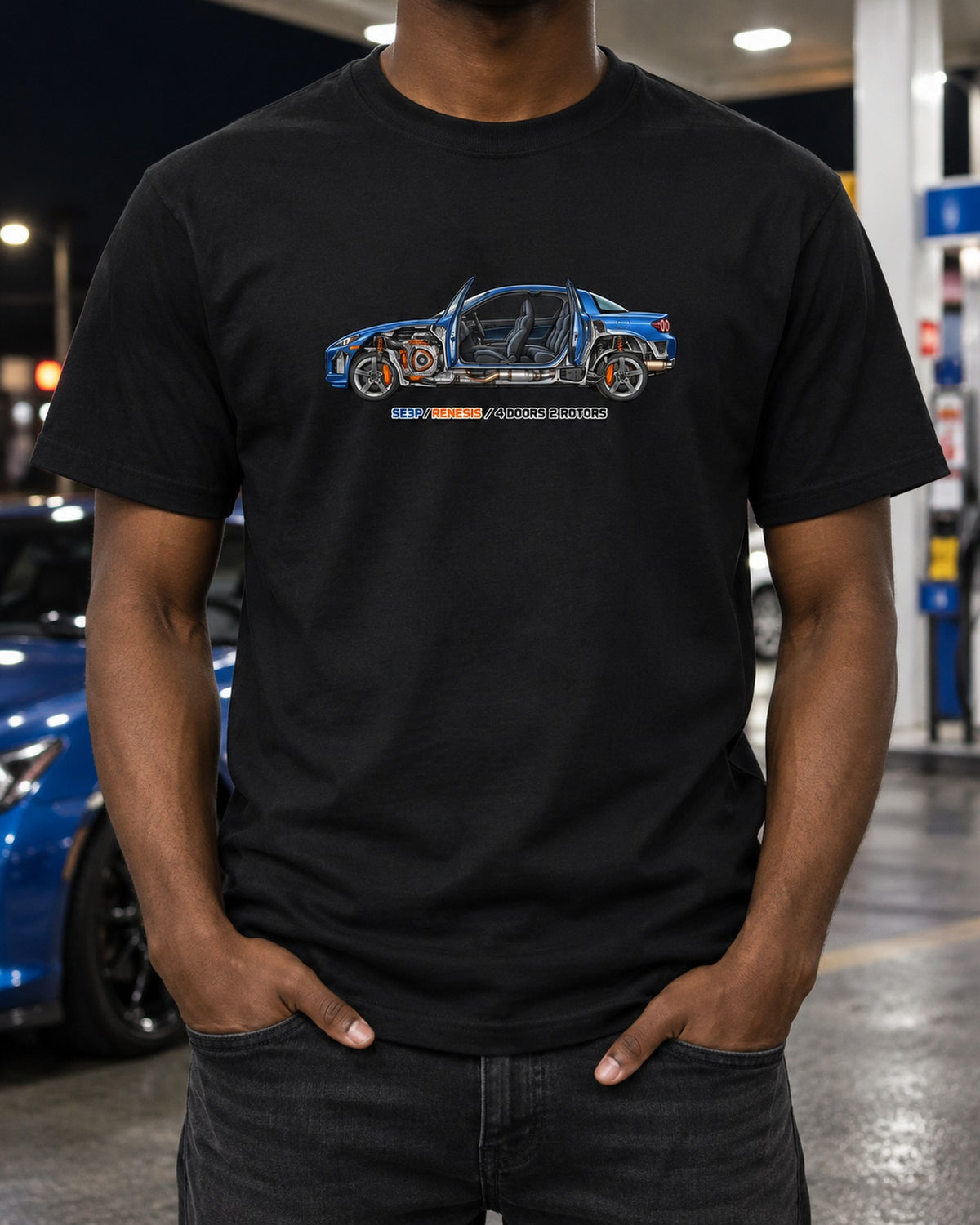 Mazda RX-8 SE3P Cutaway Illustration Tee, Four Doors Two Rotors T-Shirt Black worn hero