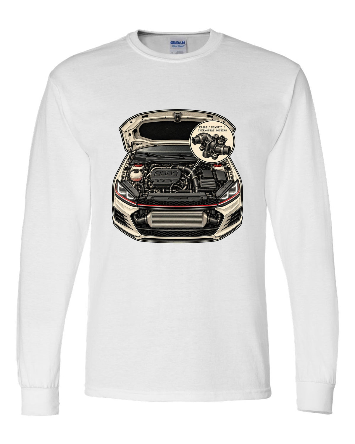 Patent line art of a VW Golf Mk7 GTI engine bay labelled EA888 plastic thermostat housing white long sleeve front view with the design
