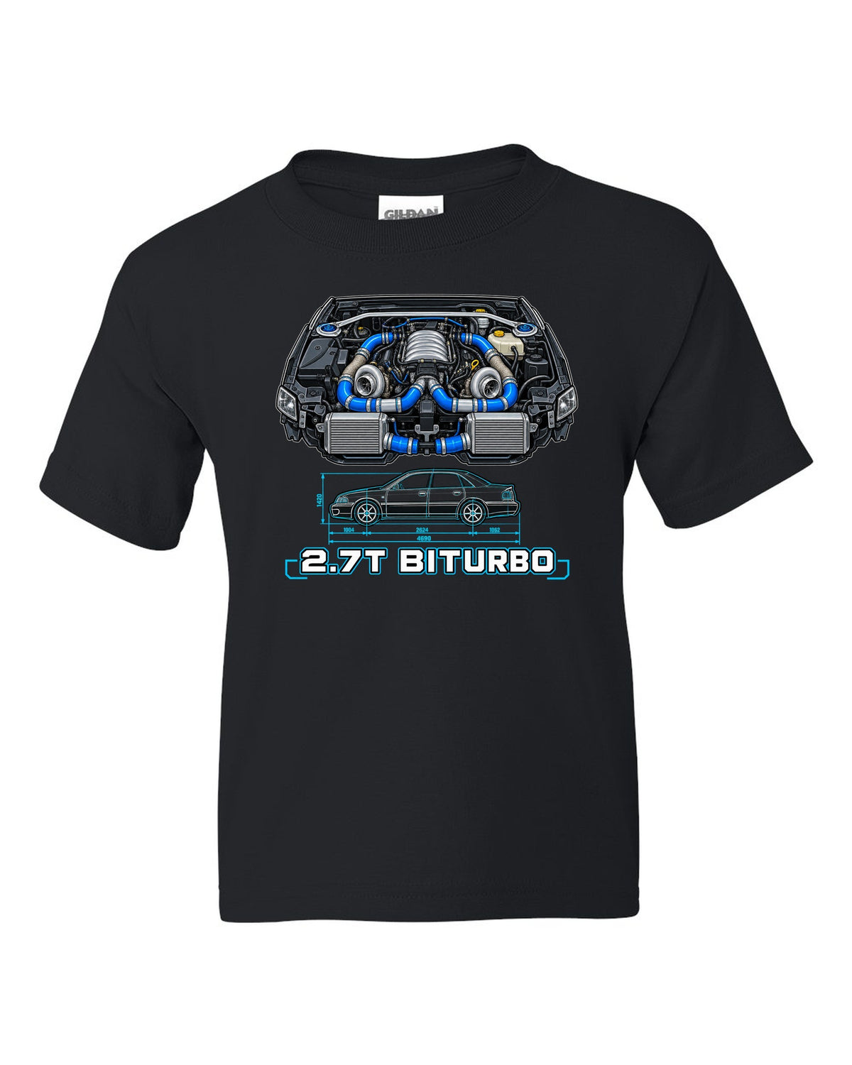 Technical blueprint print of an Audi S4 B5 with 2.7T Biturbo text black kids tee front view with the design
