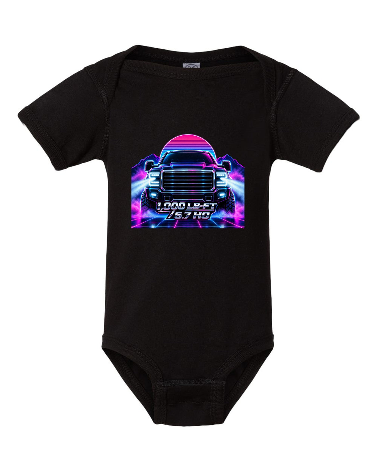 Neon synthwave grid print of a 2019-2024 Ram HD 2500 6.7 Cummins HO black baby onesie front view with the design