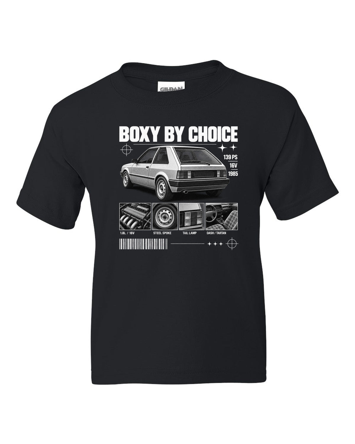 VW Golf Mk2 GTI 16V 1985 rear three-quarter in dossier panels with 139 PS text black kids tee front view with the design