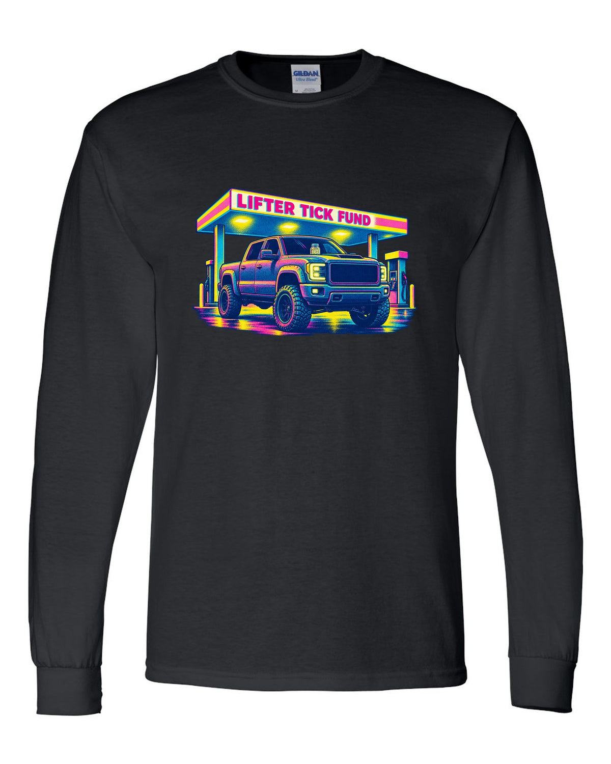Risograph print of a 2007-2013 Chevrolet Silverado GMT900 with Lifter Tick Fund text black long sleeve front view with the design