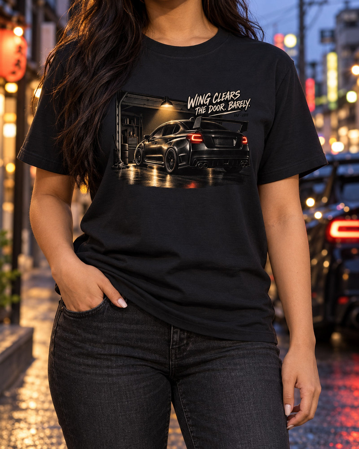 Subaru WRX STI VAB Garage Clearance Tee, Wing Clears the Door T-Shirt Black worn hero