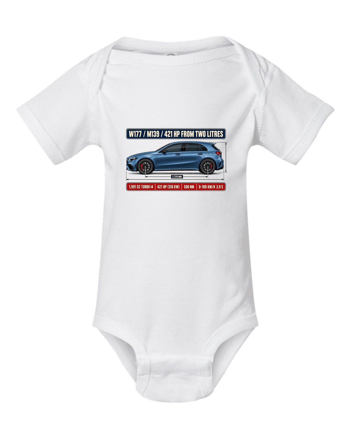 Mercedes-AMG A45 S W177 chback dimension blueprint print white baby onesie front view with the design