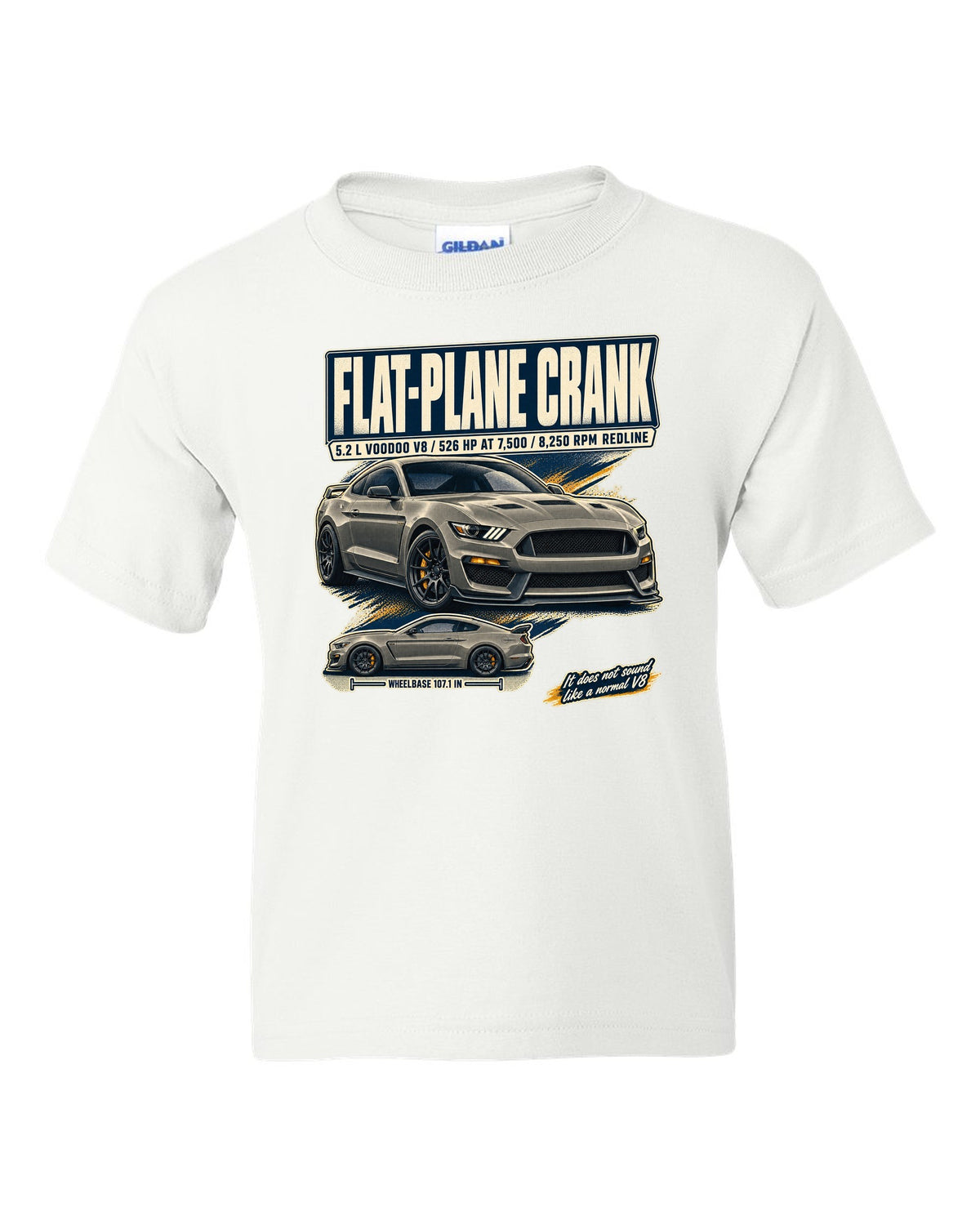Ford Mustang S550 Shelby GT350 editorial headline print about the flat-plane crank V8 white kids tee front view with the design