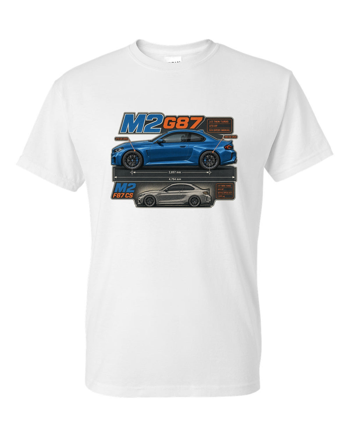 BMW M4 G82 coupe dimension blueprint print with 473 hp and six-speed manual white t-shirt front view with the design