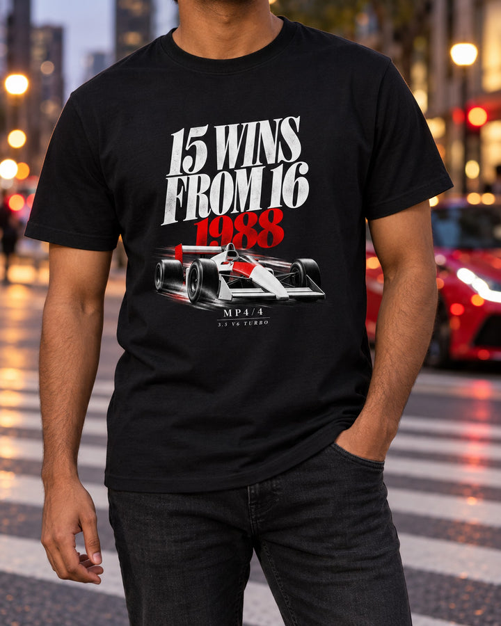 McLaren MP4/4 1988 Season Shirt, Fifteen Wins From Sixteen T-Shirt Black worn hero