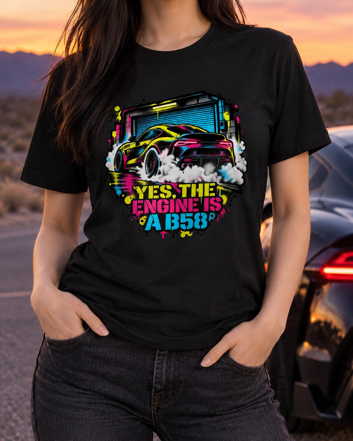 Stencil Spray GR Supra A90 B58 Engine Joke Tee T-Shirt Black worn hero