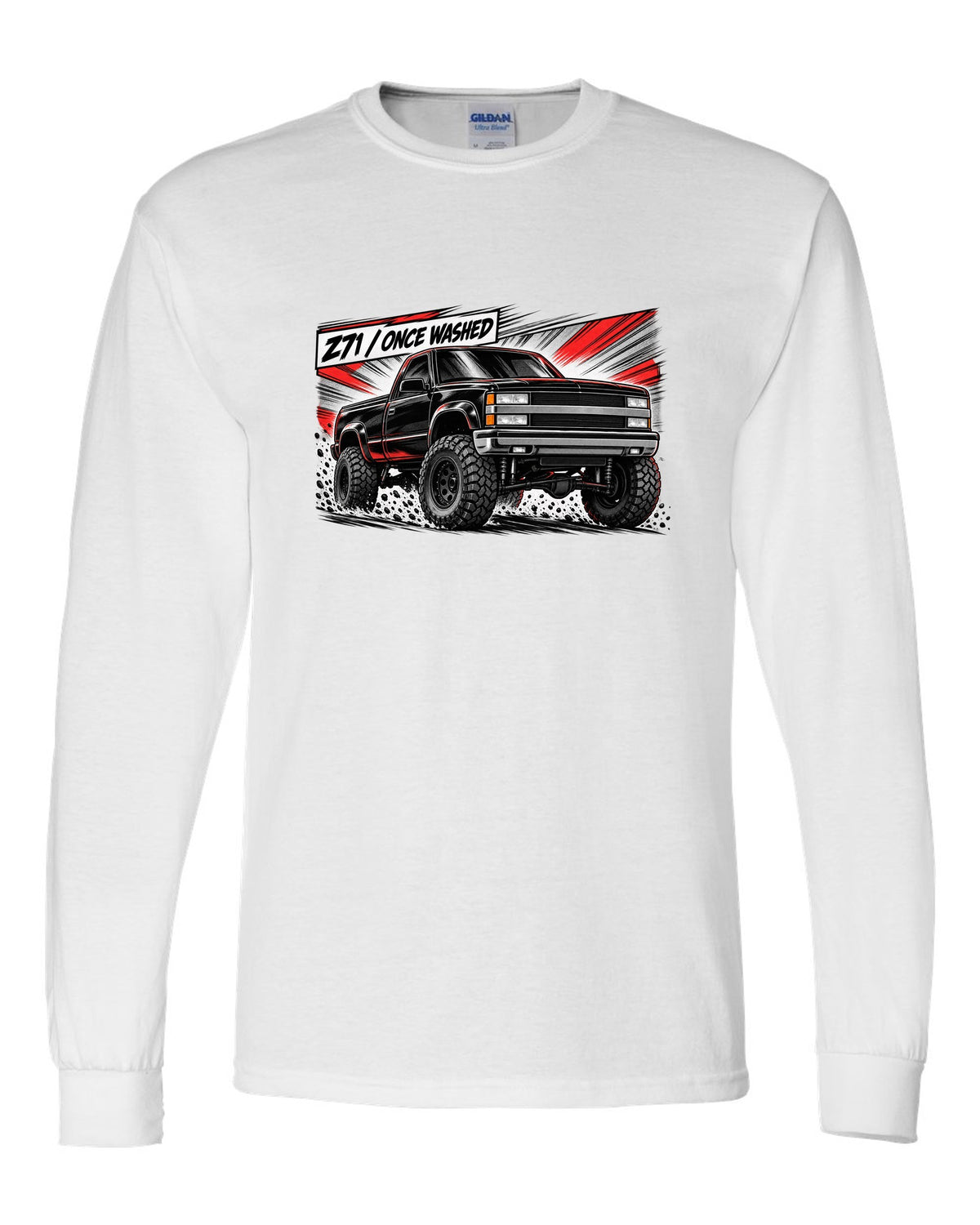 Retro manga halftone panel print of a 1988-98 Chevrolet GMT400 K1500 Z71 OBS with Z71 once washed lettering white long sleeve front view with the design