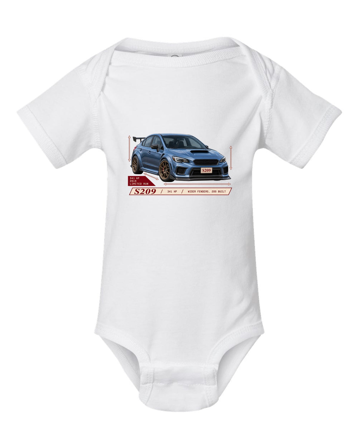 Subaru WRX STI S209 2019 widebody archive panel design white baby onesie front view with the design