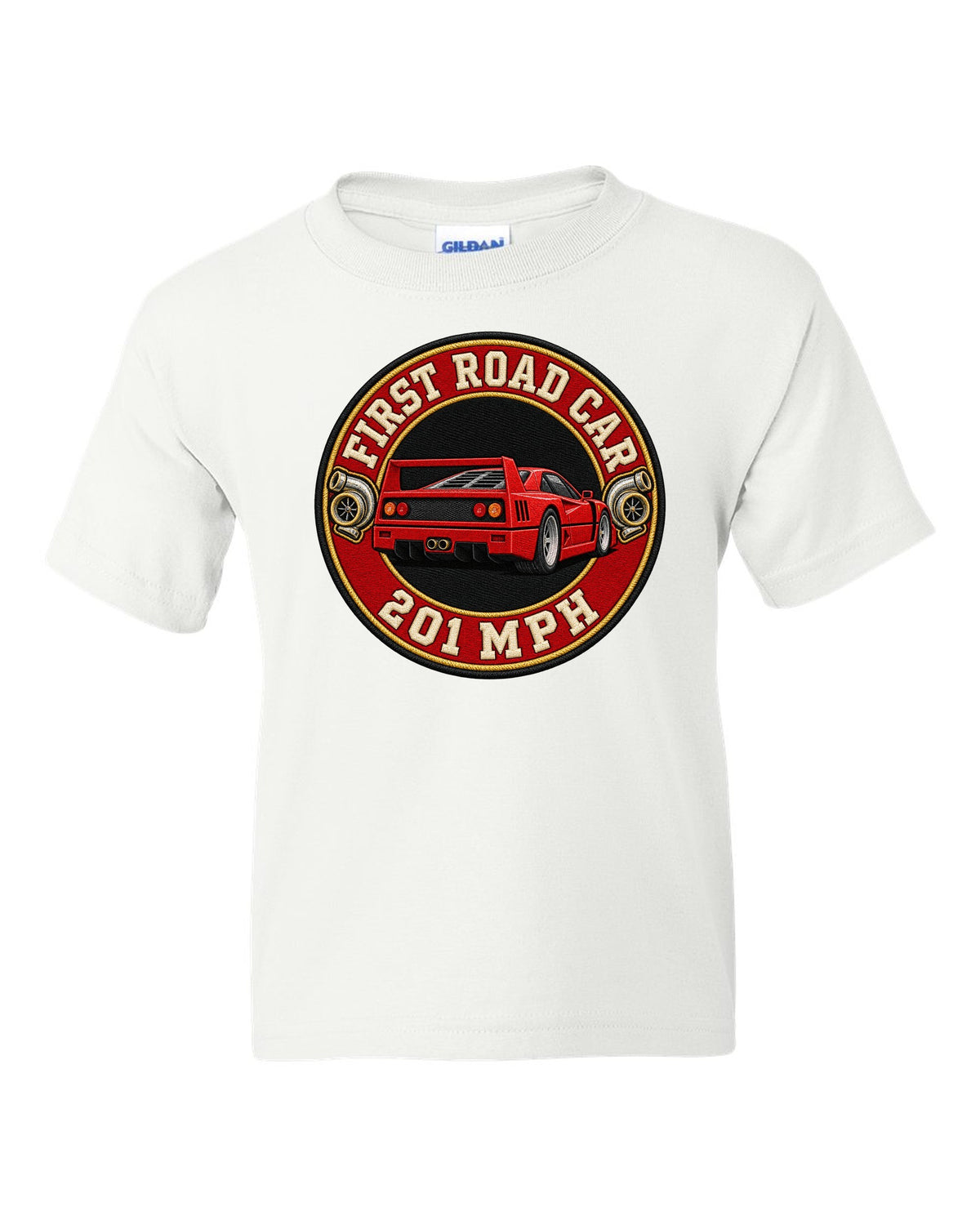 Embroidery-style varsity roundel of a 1987 Ferrari F40 F120 with first road car 201 MPH text white kids tee front view with the design