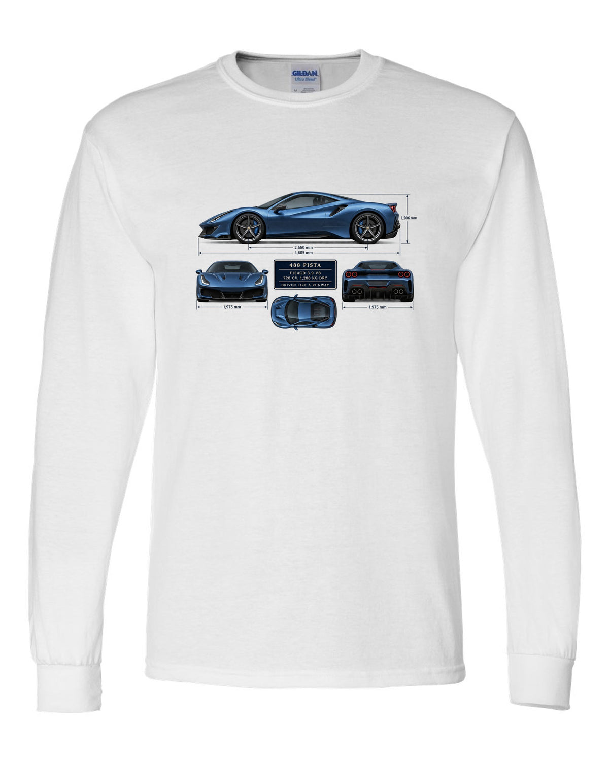 Blueprint print of the Ferrari 488 Pista in steel blue white long sleeve front view with the design