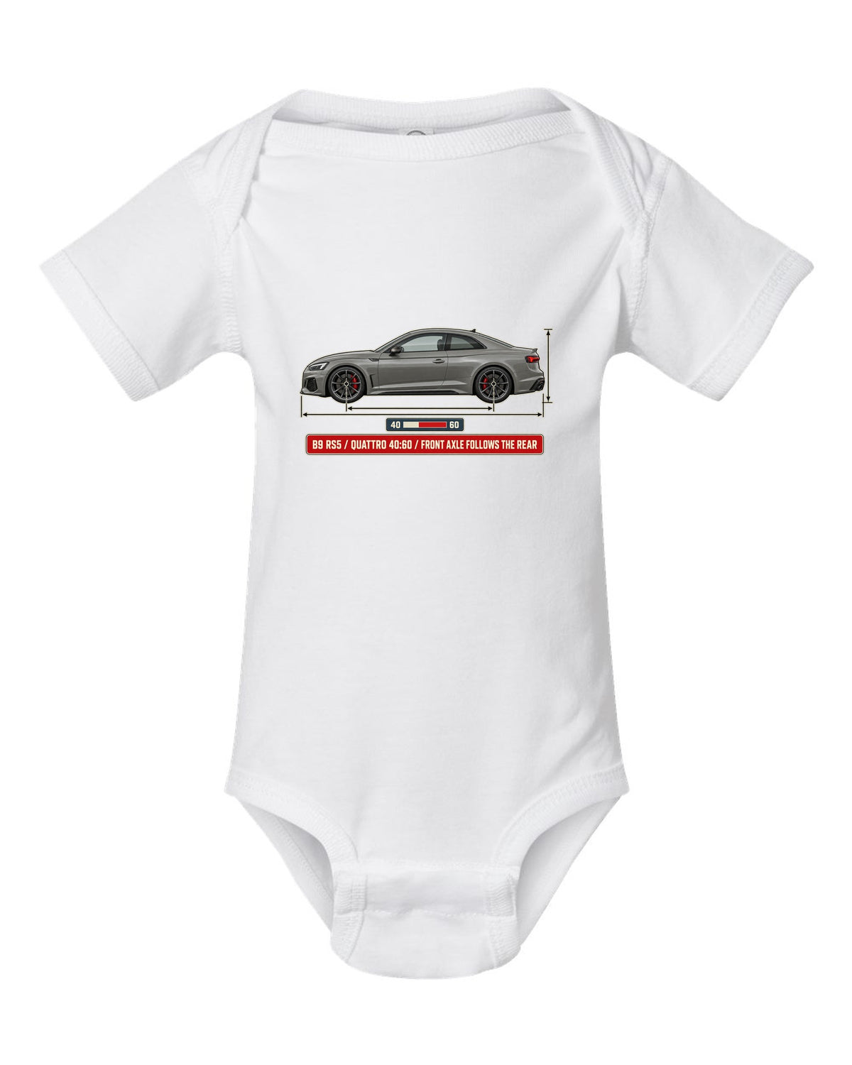 Dimension blueprint of an Audi RS5 Coupe B9 facelift with quattro 40:60 text white baby onesie front view with the design