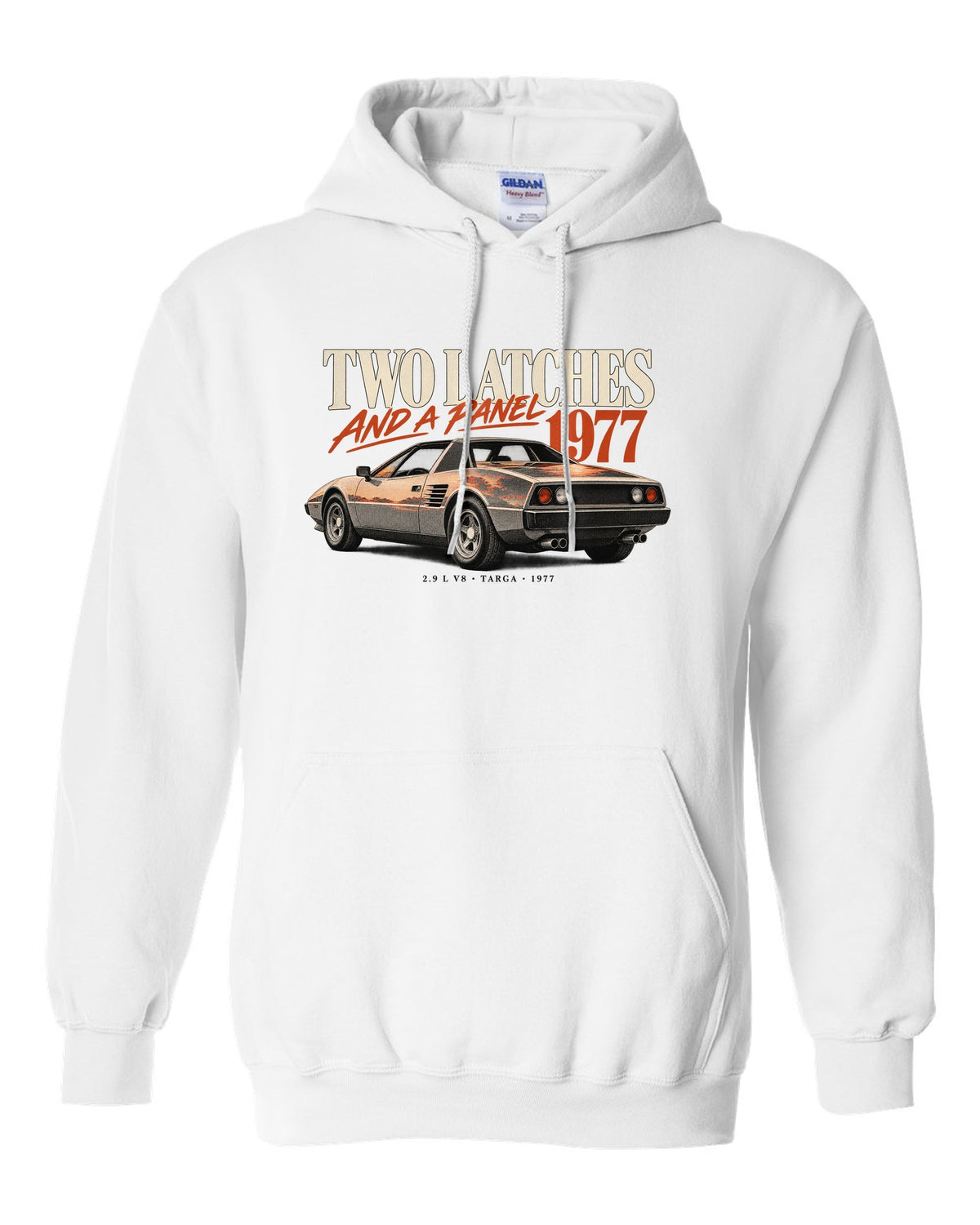 Ferrari 308 GTS 1977 rear three-quarter print, two latches and a panel, targa roof white pull over hoodie front view with the design