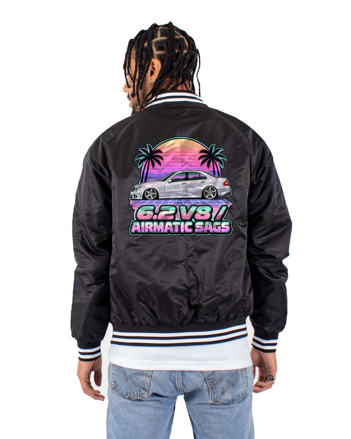 Mercedes E63 AMG W211 Vaporwave Sleeper Shirt, Airmatic Joke Bomber Jacket Black back