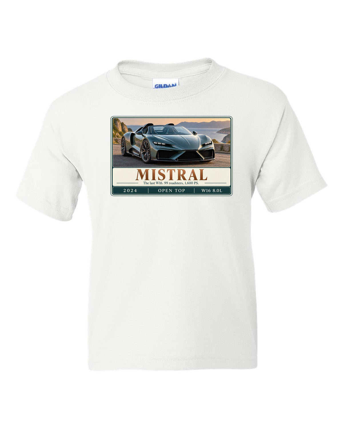 Bugatti Mistral roadster editorial headline print about the last W16 white kids tee front view with the design