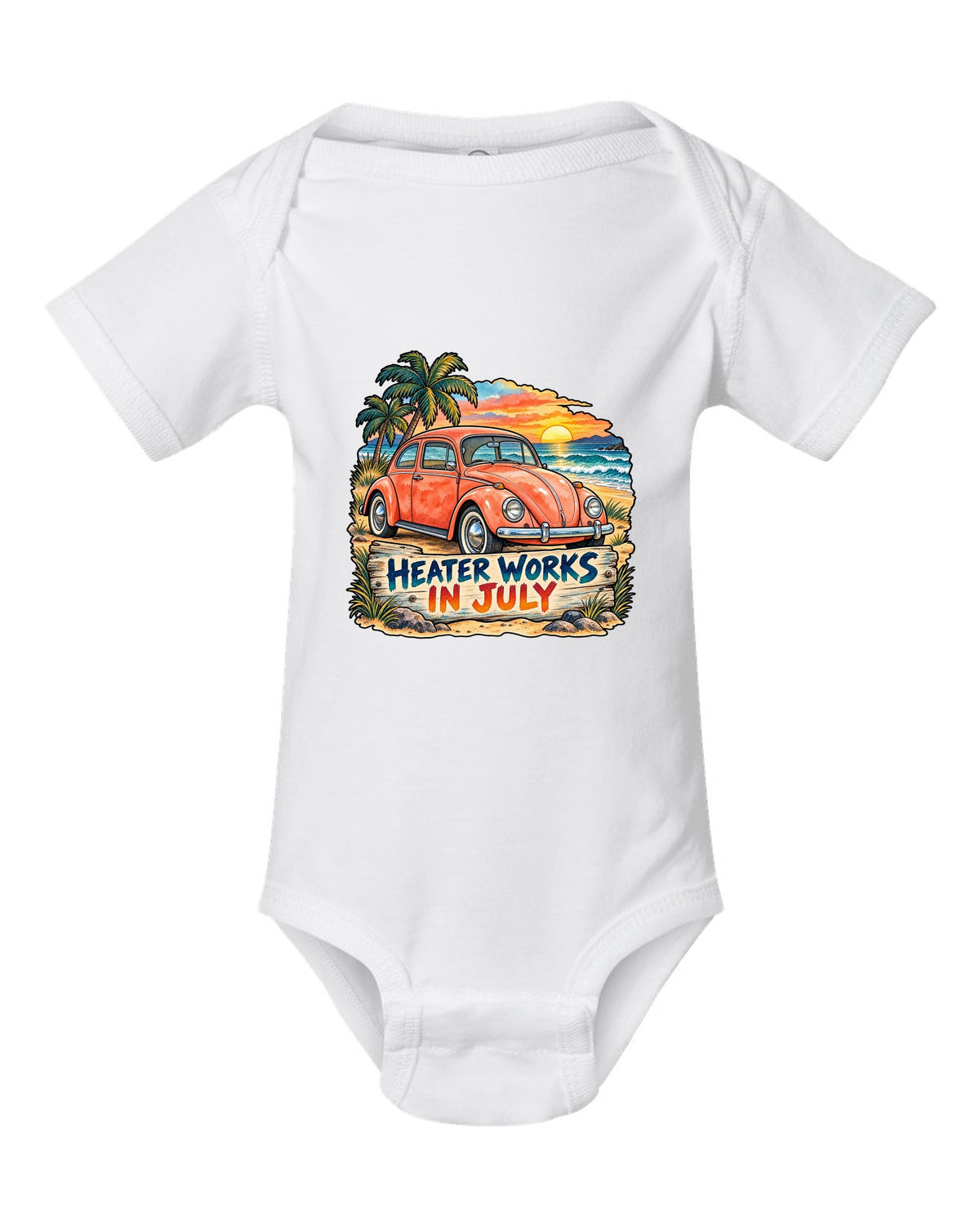 Watercolour sunset beach scene with a 1960s VW Beetle Type 1 and heater works in July text white baby onesie front view with the design