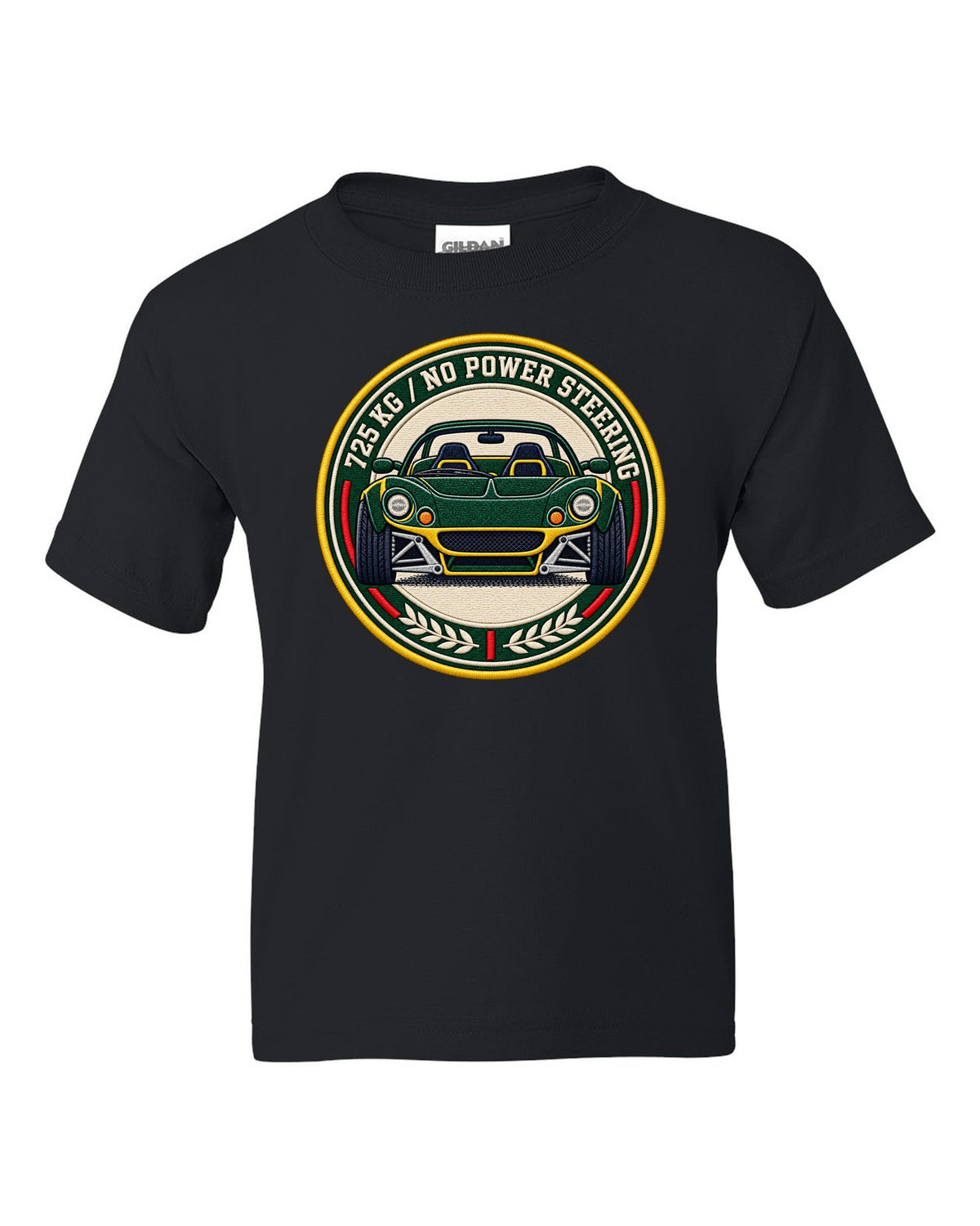 Lotus Elise S1 varsity crest design with 725 KG and no power steering lettering black kids tee front view with the design