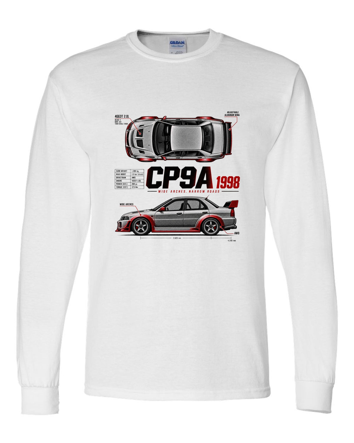 Spec poster print for the Mitsubishi Lancer Evolution V CP9A reading Wide Arches, Narrow Roads, 4G63T 2.0L, 1998 white long sleeve front view with the design