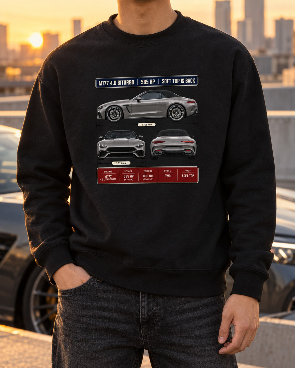 Mercedes-AMG SL63 R232 Three-View Spec Shirt, Car Guy Gift Crewneck Black worn hero