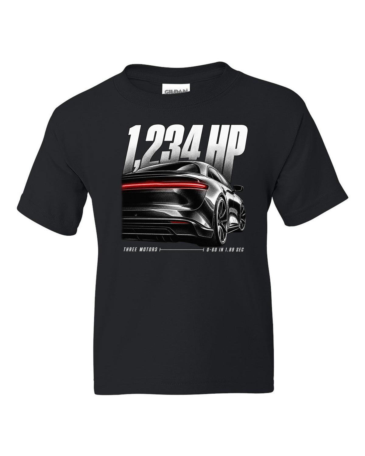 Rear detail macro of Lucid Air Sapphire 2023 with light slit and performance figures black kids tee front view with the design