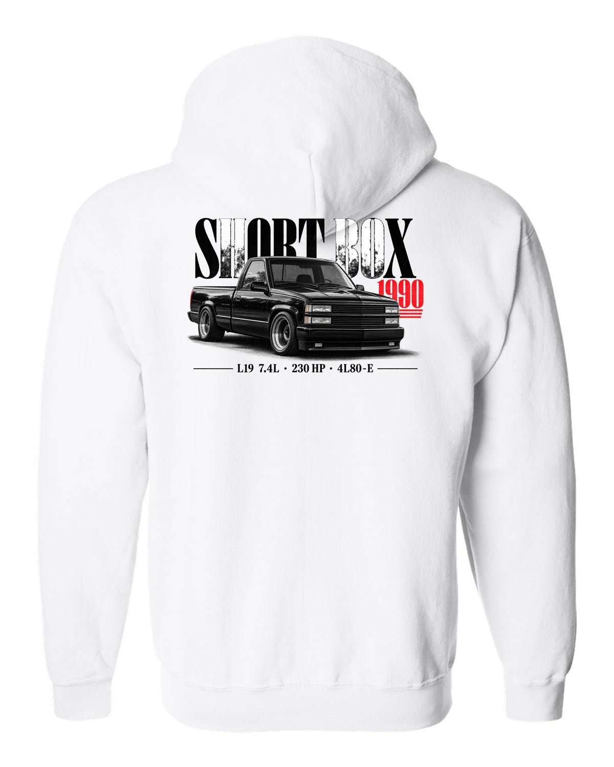 1990 Chevy 454 SS short box pickup editorial print white zip hoodie back view with the design