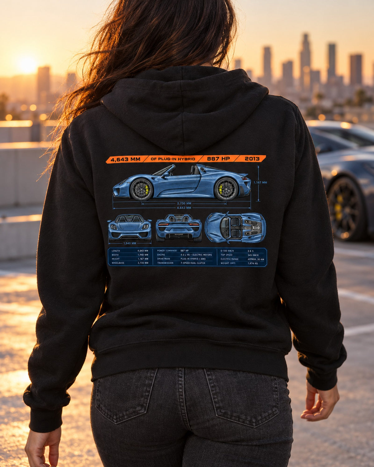 Porsche 918 Spyder Dimension Blueprint Tee, Hybrid Car Shirt Zip Hoodie Black worn hero