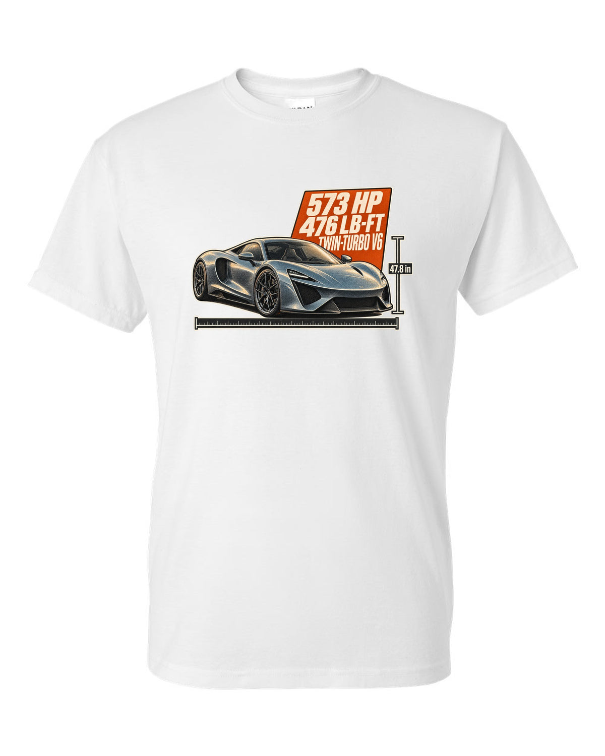 Halftone print of a 2020 Acura NSX NC1 front three-quarter white t-shirt front view with the design